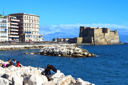 Naples, Italy - March 26, 2017: Castel Dell'Ovo is one of the famous landmarks of the Italian city of Naples. Image taken from city seaside.のeditorial素材