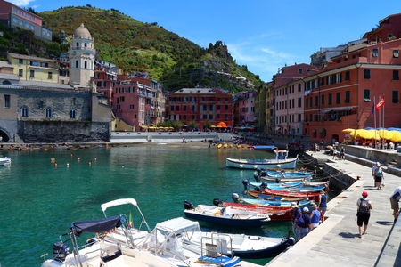 Vernazza, Italy - May 16th, 2017: view of Vernazza, one of five famous centuries-old colorful villages of Cinque Terre National Park in Liguria, region of Italy.のeditorial素材