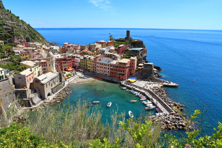 Vernazza, Italy - May 16th, 2017: view of Vernazza, one of five famous centuries-old colorful villages of Cinque Terre National Park in Liguria, region of Italy.のeditorial素材