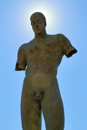 Pompeii, Italy - March 28, 2017: Sculptures of the Polish sculptor Igor Mitoraj on display at Pompeii archaeological site, the ancient Roman city, destroyed in 79 BC by the eruption of Mount Vesuvius.のeditorial素材