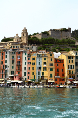 Porto Venere, Italy - May 14, 2017: View of Portovenere or Porto Venere (UNESCO world heritage site), seen from the Island of Palmaria. La Spezia, Liguria, Italyのeditorial素材
