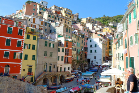 Riomaggiore, Italy - May 16th, 2017: view of Riomaggiore, one of five famous centuries-old colorful villages of Cinque Terre National Park in Liguria, region of Italy.のeditorial素材