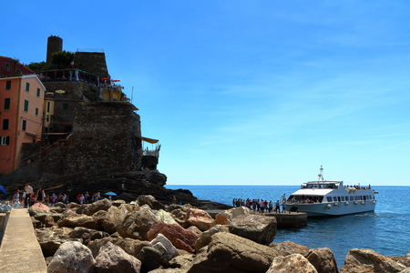 Vernazza, Italy - May 16th, 2017: view of Vernazza, one of five famous centuries-old colorful villages of Cinque Terre National Park in Liguria, region of Italy.のeditorial素材