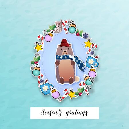 Merry Christmas and happy new year. cute animals character   it's wearing Hat scarf and winter glove to celebrate Christmas day, landscape background, snow, card, and happiness. Vector Illustrationのイラスト素材