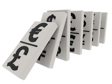 Domino with euro, dollar, pound and yen currency signsの写真素材