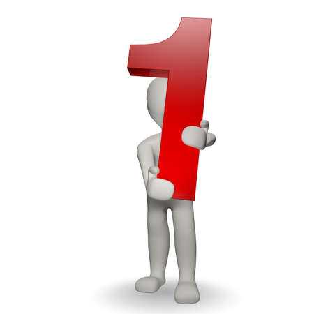 3D Human charcter holding number one, 3d render, isolated on whiteの写真素材