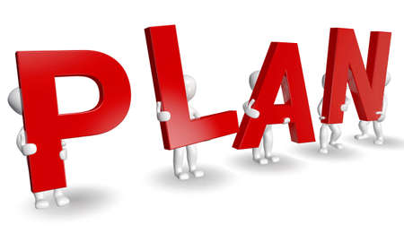 3D humans forming red PLAN word, 3d render isolated on white