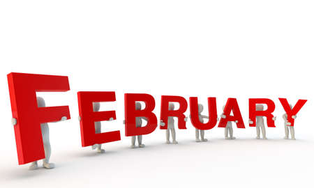 3D humans forming red word February made from 3d rendered letters isolated on whiteの写真素材