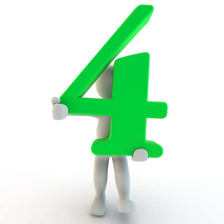 3D Human charcter holding green number four, 3d render, isolated on white
