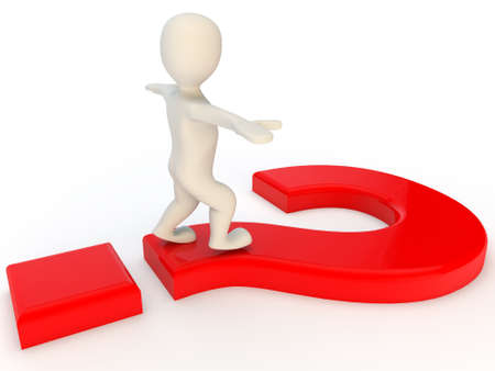 3D Human charcter walking on question mark, 3d render, isolated on whiteの写真素材