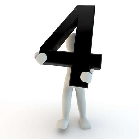 3D Human character holding black number four, small people, 3d render isolated on whiteの写真素材