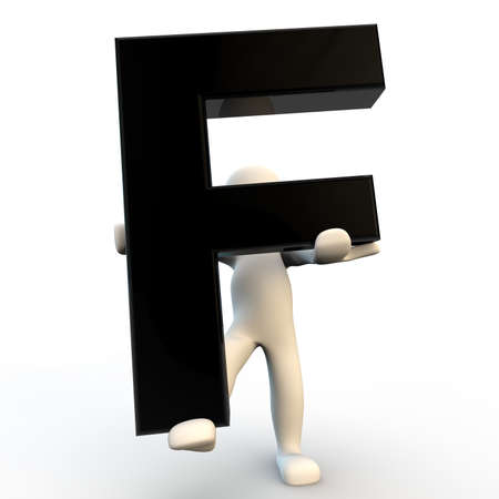 3D Human character holding black letter F, small peopleの写真素材
