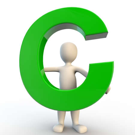 3D Human character holding green letter C, 3d render isolated on whiteの写真素材