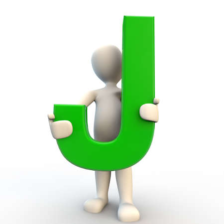 3D human character holding green letter J, 3d render isolated on whiteの写真素材