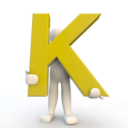3D Human character holding yellow letter K, 3d render isolated on whiteの写真素材