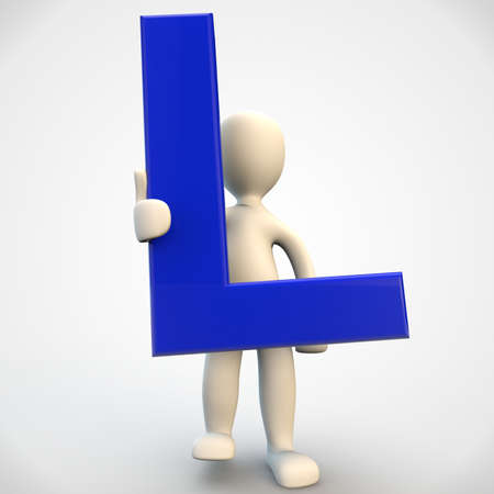 3D human character holding blue letter L, 3d render isolated on whiteの写真素材