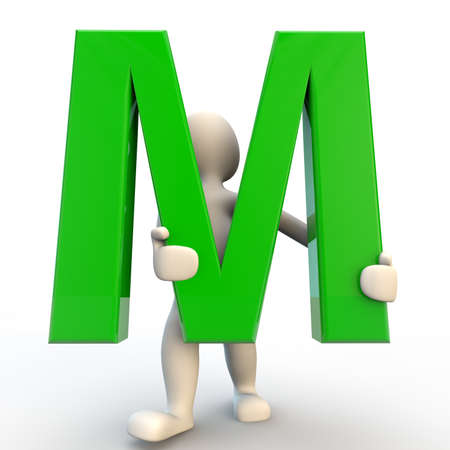 3D human character holding green letter M, 3d render isolated on whiteの写真素材