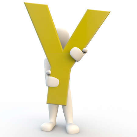 3D Human character holding yellow letter Y, 3d render isolated on whiteの写真素材