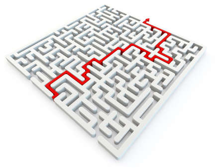 Solved maze with red arrow, 3d renderの写真素材