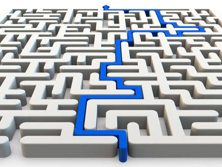 Solved maze with blue arrow, 3d renderの写真素材