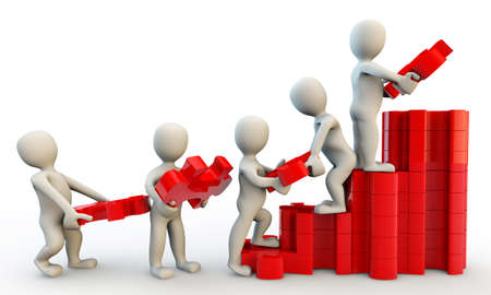 3D human characters holding puzzles, isolated on whiteの写真素材