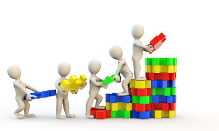 3D human characters holding puzzles, isolated on whiteの写真素材