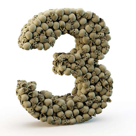 3D number three made from skulls, 3d renderの写真素材