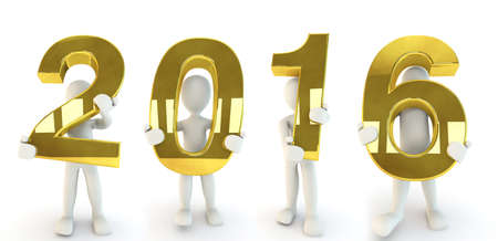 3D Human character holding golden number 2016, 3d render, isolated on white