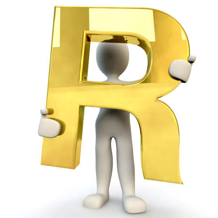 3D Human character holding golden alphabet letter R, 3d render, isolated on whiteの写真素材