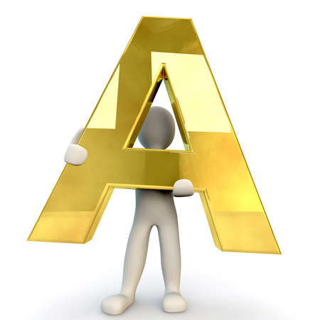 3D Human character holding golden alphabet letter A, 3d render, isolated on whiteの写真素材