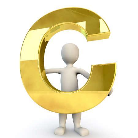 3D Human character holding golden alphabet letter C, 3d render, isolated on whiteの写真素材