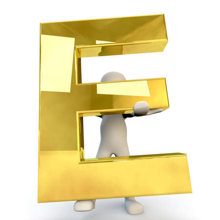 3D Human character holding golden alphabet letter E, 3d render, isolated on whiteの写真素材