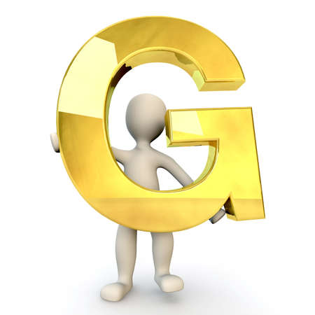 3D Human character holding golden alphabet letter G, 3d render, isolated on whiteの写真素材