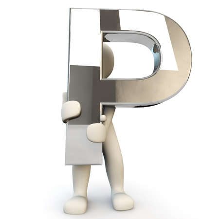 3D Human character holding silver alphabet letter P, 3d render, isolated on whiteの写真素材