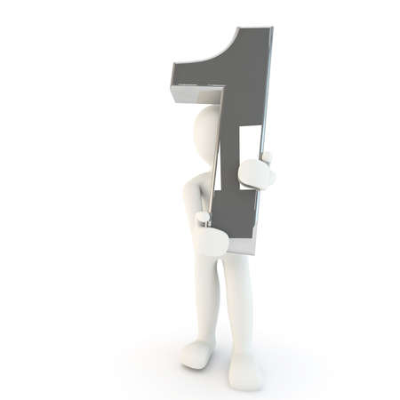 3D Human character holding silver number one, 3d render, isolated on whiteの写真素材