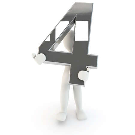 3D Human character holding silver number four, 3d render, isolated on white