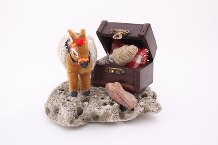 Donkey and treasure chest on the rockの写真素材