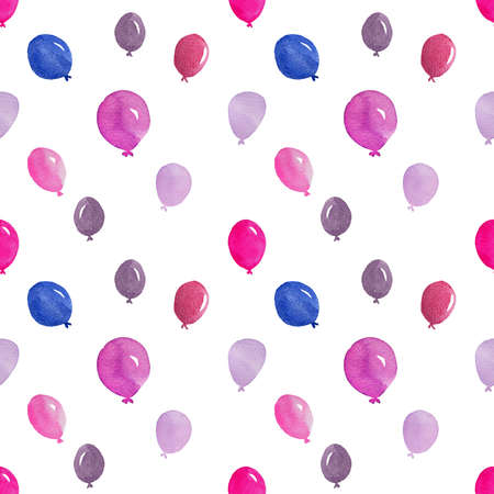 The isolated colorful watercolor painting balloons in seamless pattern on white background. Balloons are pink light purple red blue violet.の写真素材