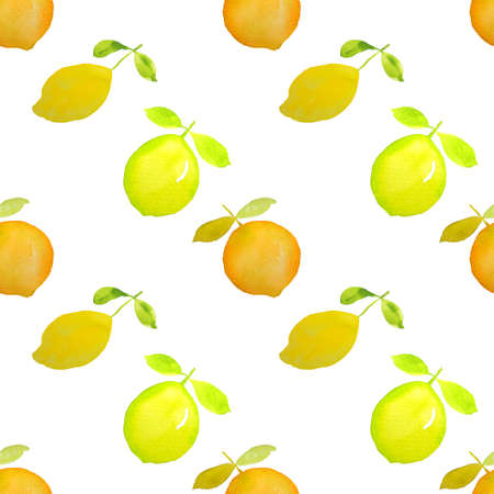 Lemon orange citrus fruits watercolor painting in seamless patternの写真素材