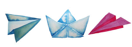 blue origami folded papercraft watercolor paintingの写真素材