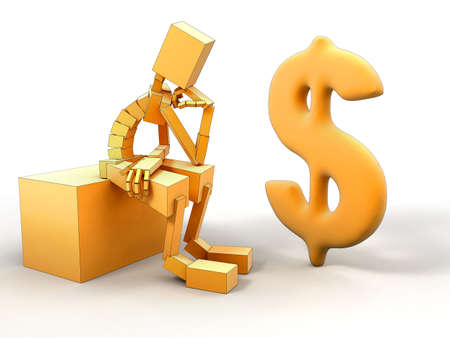 3d image of man and dollar. White background.の写真素材