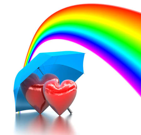 Rainbow above a two bound hearts and Umbrellaの写真素材