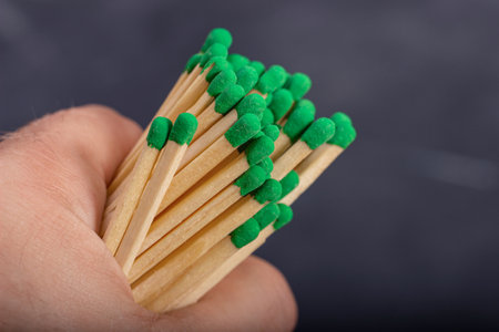 Long wooden matches with green gray in handの写真素材