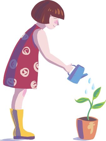 The girl watering a plant. cartoon illustrationのイラスト素材