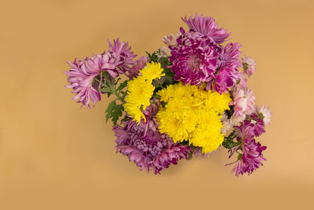 A bouquet of red and yellow chrysanthemums on brown background close upの写真素材