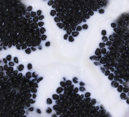 Black caviar with whipped cream background - in the shape of a star -Benefits of Black caviar concept.の写真素材