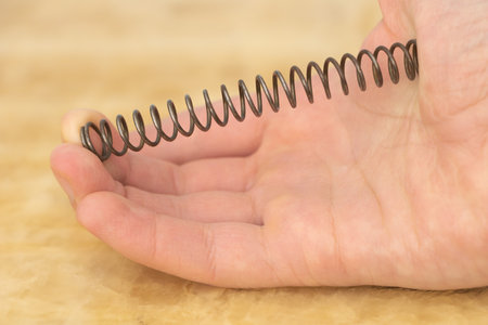 Closeup of a spring in the hand of a man.の写真素材