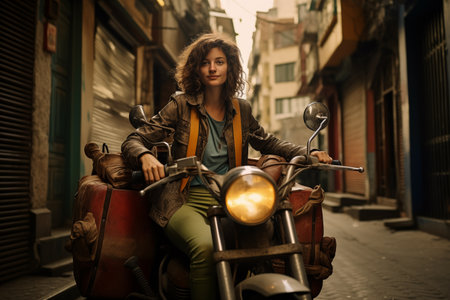 Beautiful young woman riding a scooter in the old city.の素材