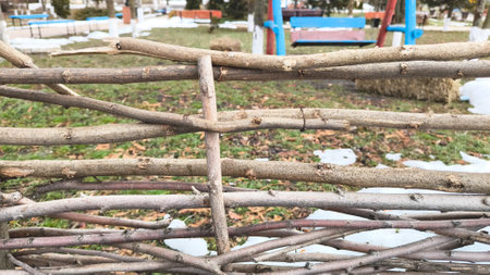 Fence made of dry twigs and twigs in the garden.の写真素材