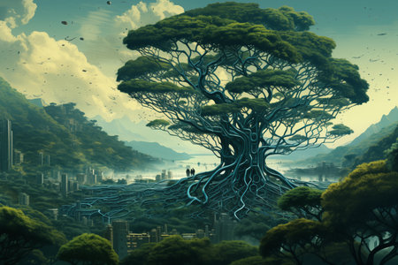 Fantasy landscape with a tree and city. Ai generated.の素材